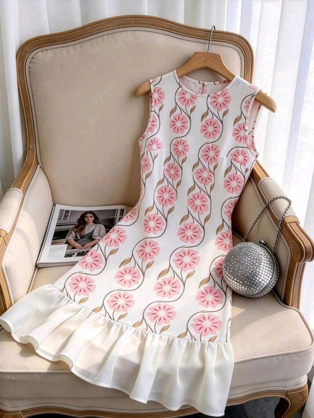 Sleeveless White Dress with Pink Floral Print